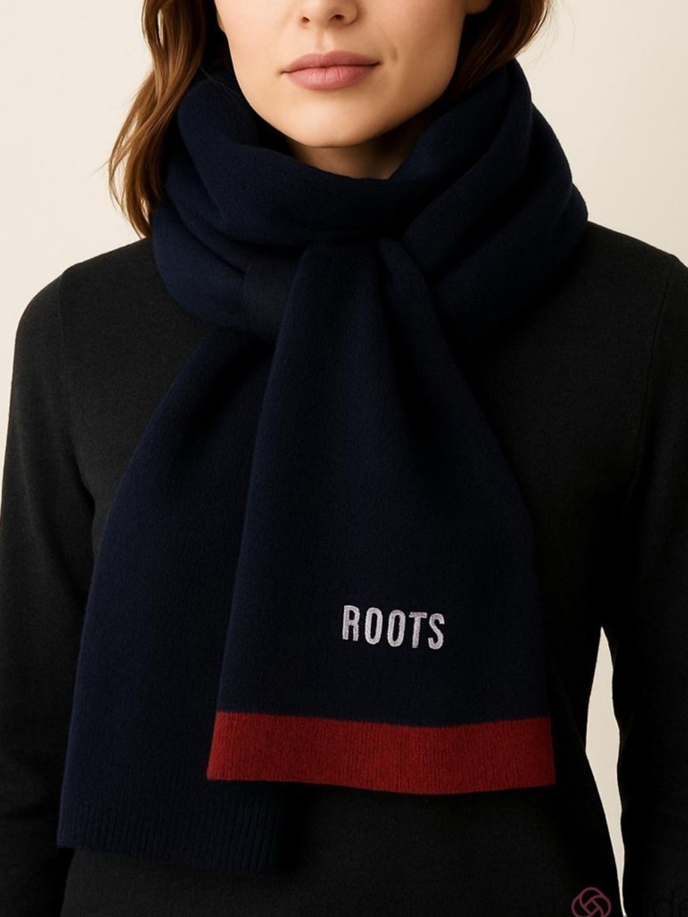ROOTS scarf black with red trim 6.5” x 89” OS UNISEX
